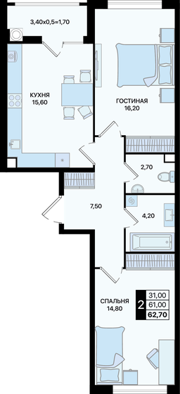 57,1 м², 2-комнатная квартира 7 708 500 ₽ - изображение 36