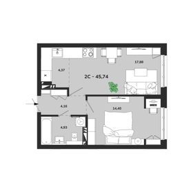 Квартира 45,7 м², 2-комнатная - изображение 1