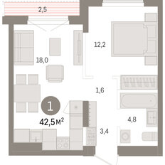 Квартира 42,5 м², 1-комнатная - изображение 3