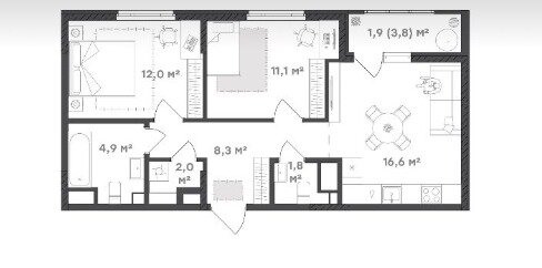 Квартира 58,4 м², 2-комнатная - изображение 1