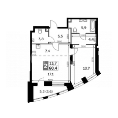 Квартира 61 м², 2-комнатная - изображение 1