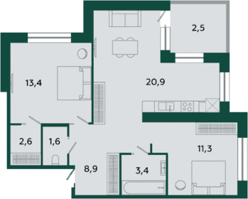 Квартира 64,6 м², 2-комнатная - изображение 1