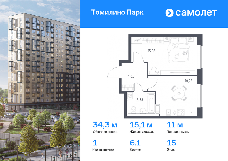 34,3 м², 1-комнатная квартира 7 071 237 ₽ - изображение 1