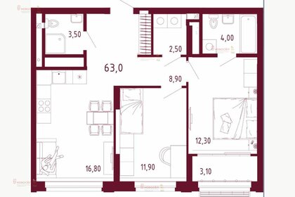 Квартира 62 м², 2-комнатная - изображение 1