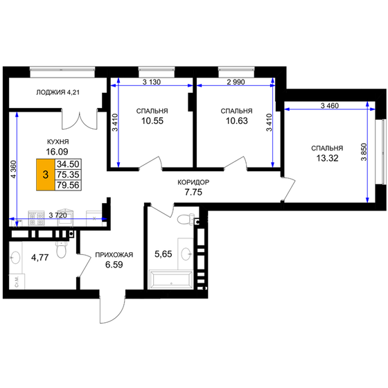 81 м², 3-комнатная квартира 16 783 200 ₽ - изображение 35