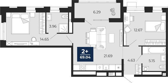 Квартира 69 м², 2-комнатная - изображение 1
