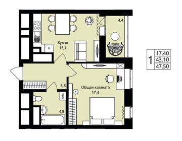 Квартира 43,1 м², 1-комнатная - изображение 1