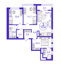 Квартира 71,4 м², 3-комнатная - изображение 1