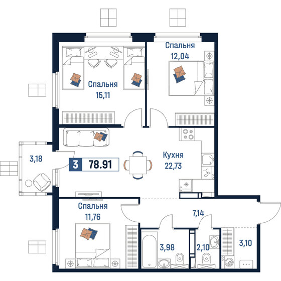 62 м², 3-комнатная квартира 11 280 000 ₽ - изображение 113