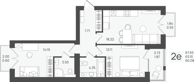 Квартира 63,1 м², 2-комнатная - изображение 1