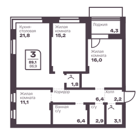 Квартира 86,9 м², 3-комнатная - изображение 3