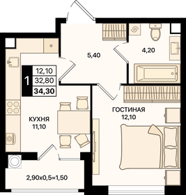 Квартира 34,3 м², 1-комнатная - изображение 1