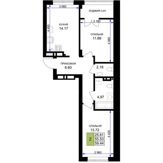 58,7 м², 2-комнатная квартира 8 339 660 ₽ - изображение 27