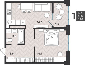 Квартира 43,1 м², 1-комнатная - изображение 1