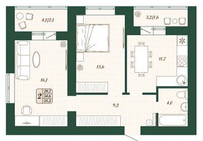 Квартира 54,6 м², 2-комнатная - изображение 1