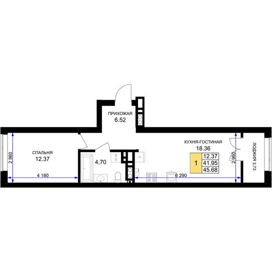 46,3 м², 1-комнатная квартира 9 787 820 ₽ - изображение 1