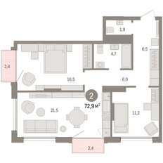 Квартира 72,9 м², 2-комнатная - изображение 4