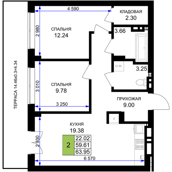 60,2 м², 2-комнатная квартира 12 473 440 ₽ - изображение 18