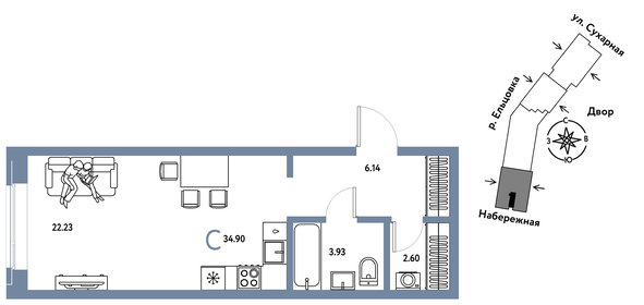 Квартира 34,9 м², студия - изображение 1