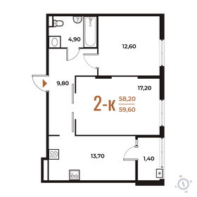 Квартира 59,6 м², 2-комнатная - изображение 1