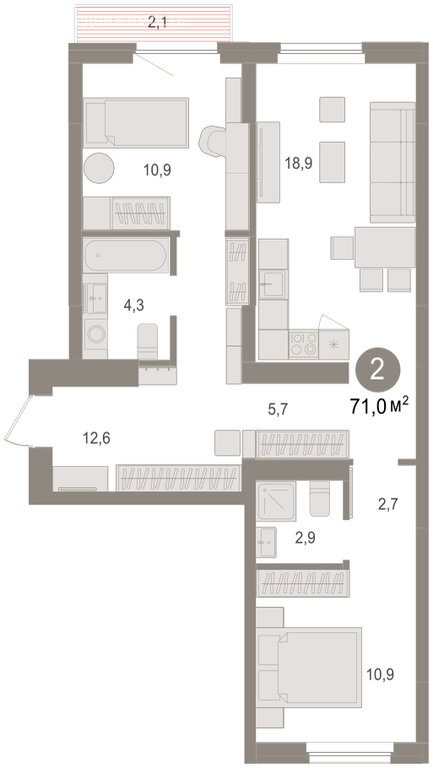 3-комн. квартира, 70.96 м² 2