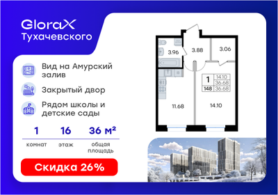 Квартира 36,7 м², 1-комнатная - изображение 1