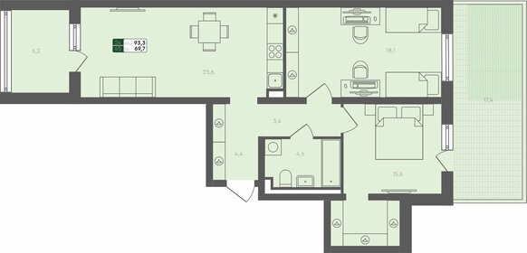 Квартира 93,3 м², 2-комнатная - изображение 1
