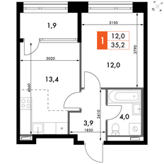 Квартира 35,2 м², 1-комнатная - изображение 2