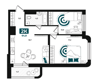 Квартира 64,8 м², 2-комнатная - изображение 1