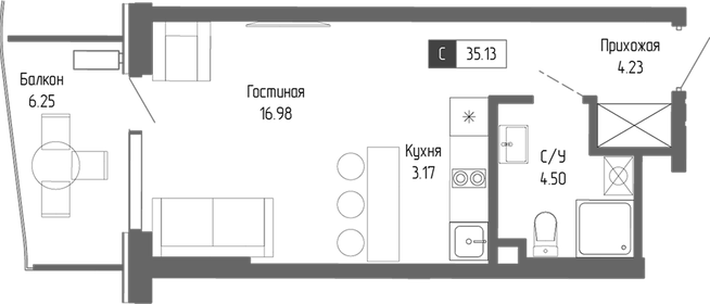 Квартира 35,1 м², 1-комнатная - изображение 1