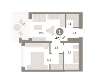 Квартира 42,3 м², 1-комнатная - изображение 1