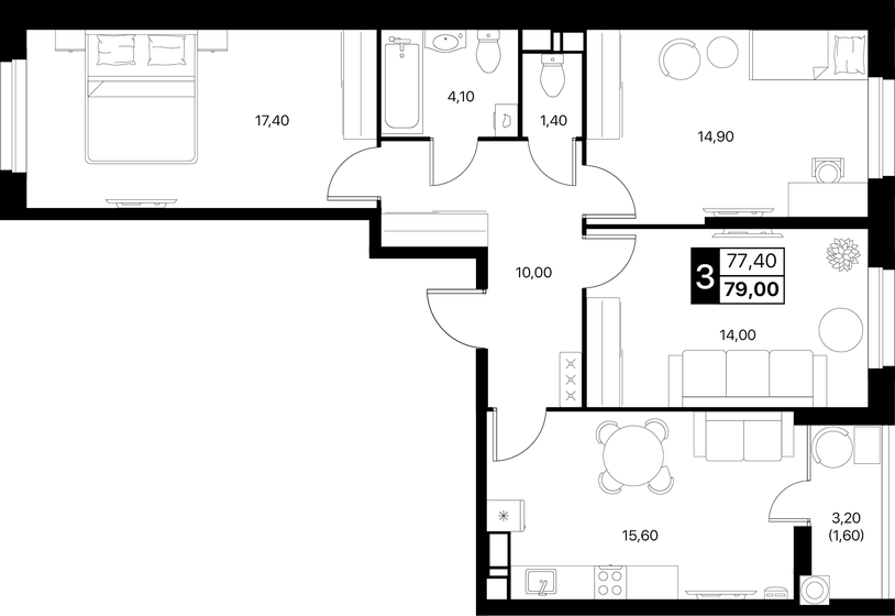 79 м², 3-комнатная квартира 9 211 400 ₽ - изображение 16