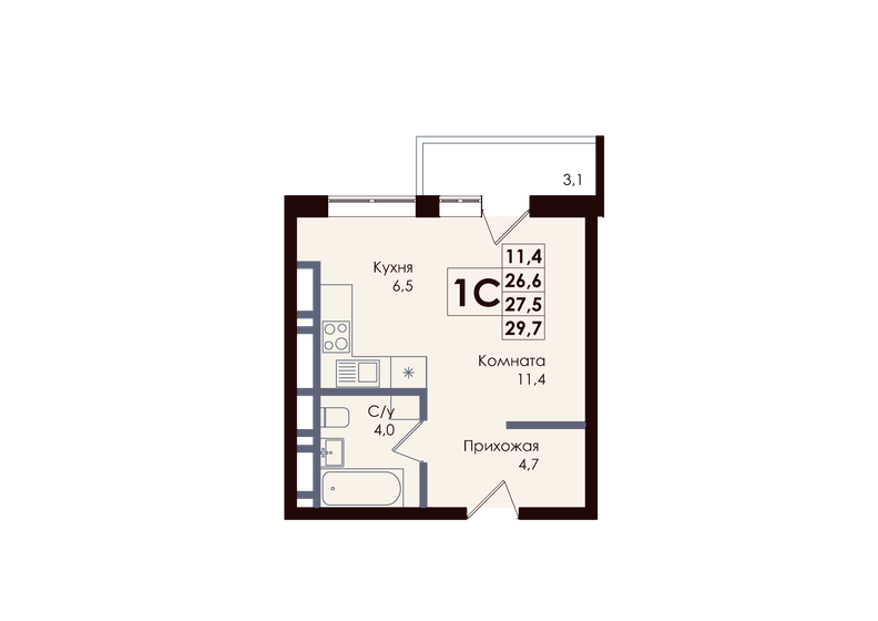 28,7 м², квартира-студия 4 606 350 ₽ - изображение 19