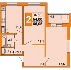 Квартира 65,5 м², 2-комнатная - изображение 1