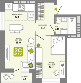 Квартира 46,9 м², 2-комнатная - изображение 1