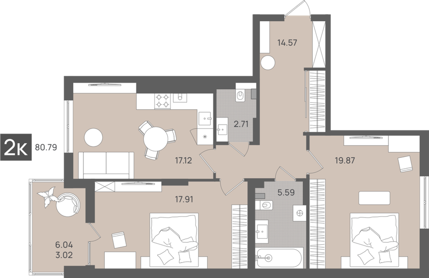 79,4 м², 2-комнатная квартира 12 710 400 ₽ - изображение 9