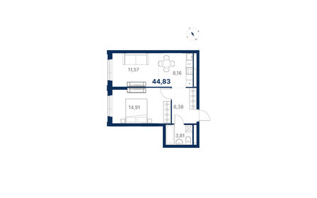 Квартира 44,8 м², 1-комнатная - изображение 1