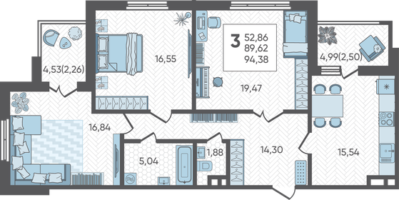 Квартира 94,4 м², 3-комнатная - изображение 1