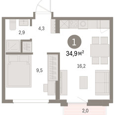 Квартира 34,9 м², 1-комнатная - изображение 3
