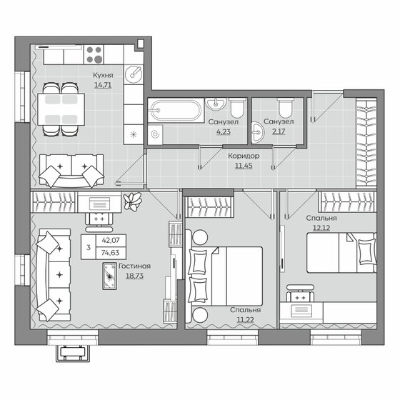 74,6 м², 3-комнатная квартира 13 500 000 ₽ - изображение 1