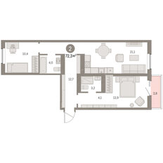 Квартира 72,3 м², 2-комнатная - изображение 3
