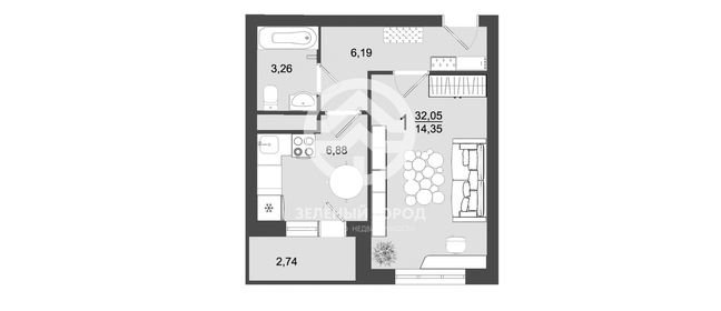 Квартира 31 м², 1-комнатная - изображение 1