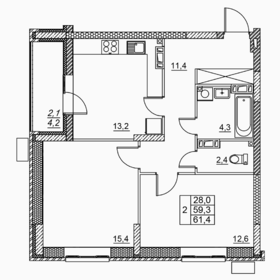 Квартира 61,4 м², 2-комнатная - изображение 1