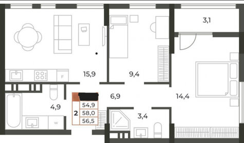 Квартира 56 м², 2-комнатная - изображение 1