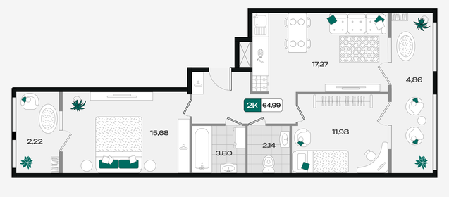 Квартира 65 м², 2-комнатная - изображение 1