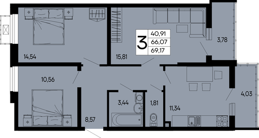 Квартира 69,2 м², 3-комнатная - изображение 1