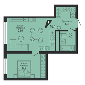 Квартира 46,4 м², 1-комнатная - изображение 1