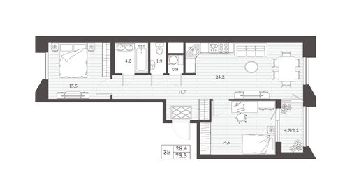 Квартира 73,3 м², 2-комнатная - изображение 1
