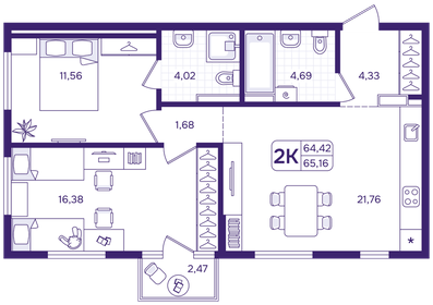 Квартира 65,2 м², 2-комнатная - изображение 1