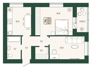 Квартира 53,9 м², 2-комнатная - изображение 1